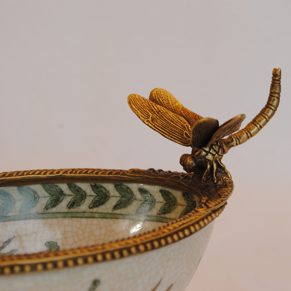 コンポート トンボ 陶磁器 真鍮 小物入れ 脚付き 雑貨 ソープディッシュ アンティーク調 シノワズリー 収納箱 インテリア雑貨 1564044