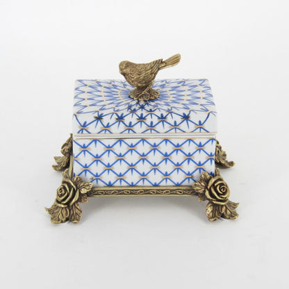 ボックス BOX 陶磁器 真鍮 小物入れ コットンパッドボックス 脚付き 雑貨 アンティーク調 蓋付ボックス アンティーク調 シノワズリー インテリア雑貨 1564045