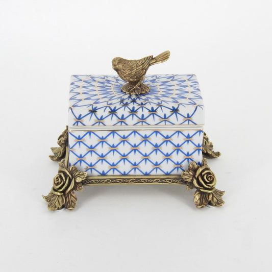 ボックス BOX 陶磁器 真鍮 小物入れ コットンパッドボックス 脚付き 雑貨 アンティーク調 蓋付ボックス アンティーク調 シノワズリー インテリア雑貨 1564045