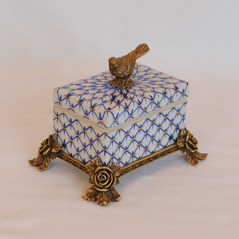 ボックス BOX 陶磁器 真鍮 小物入れ コットンパッドボックス 脚付き 雑貨 アンティーク調 蓋付ボックス アンティーク調 シノワズリー インテリア雑貨 1564045