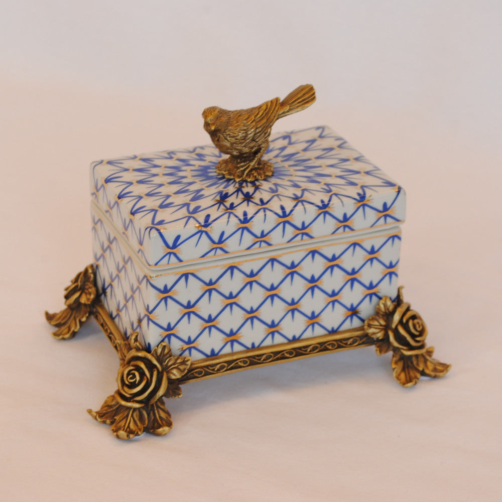 ボックス BOX 陶磁器 真鍮 小物入れ コットンパッドボックス 脚付き 雑貨 アンティーク調 蓋付ボックス アンティーク調 シノワズリー インテリア雑貨 1564045