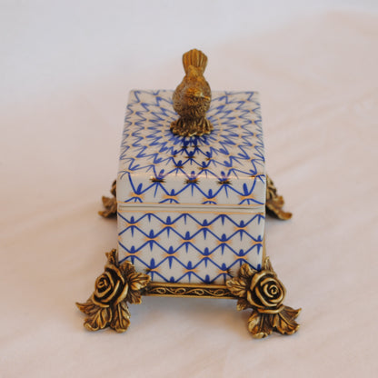 ボックス BOX 陶磁器 真鍮 小物入れ コットンパッドボックス 脚付き 雑貨 アンティーク調 蓋付ボックス アンティーク調 シノワズリー インテリア雑貨 1564045