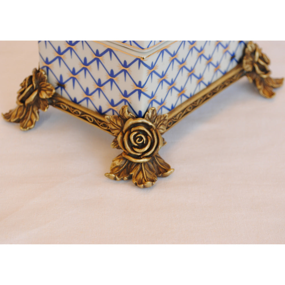 ボックス BOX 陶磁器 真鍮 小物入れ コットンパッドボックス 脚付き 雑貨 アンティーク調 蓋付ボックス アンティーク調 シノワズリー インテリア雑貨 1564045