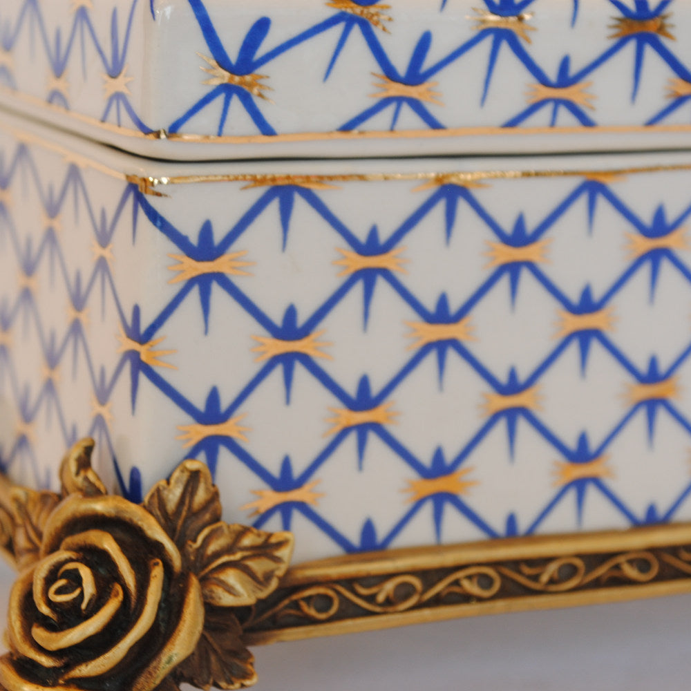 ボックス BOX 陶磁器 真鍮 小物入れ コットンパッドボックス 脚付き 雑貨 アンティーク調 蓋付ボックス アンティーク調 シノワズリー インテリア雑貨 1564045