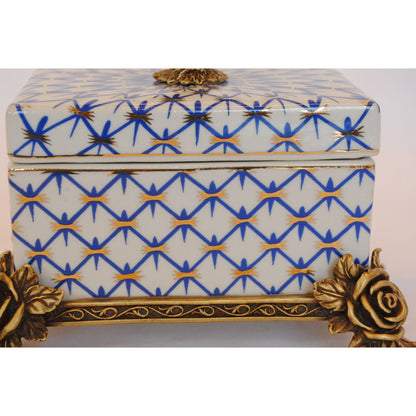 ボックス BOX 陶磁器 真鍮 小物入れ コットンパッドボックス 脚付き 雑貨 アンティーク調 蓋付ボックス アンティーク調 シノワズリー インテリア雑貨 1564045