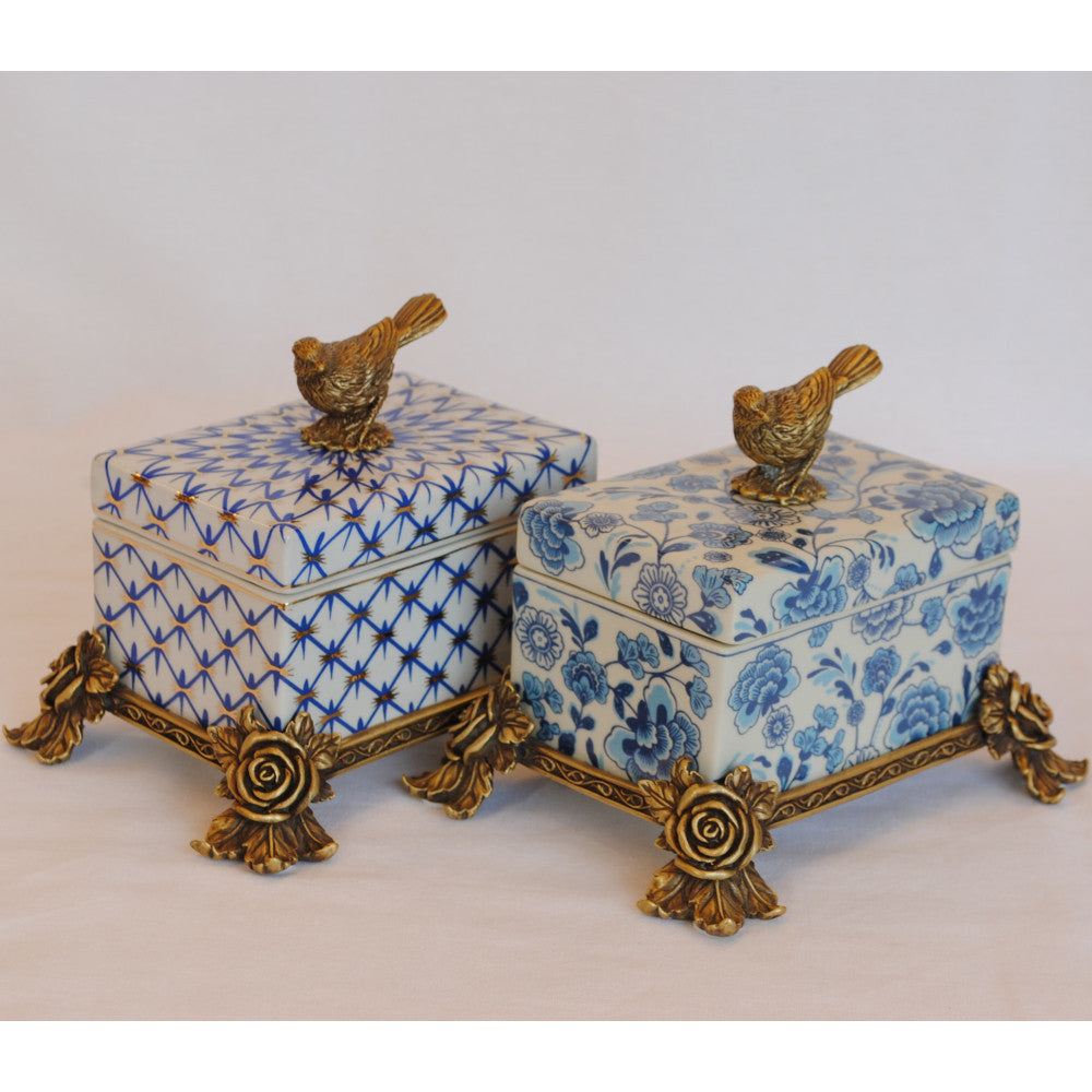 ボックス BOX 陶磁器 真鍮 小物入れ コットンパッドボックス 脚付き 雑貨 アンティーク調 蓋付ボックス アンティーク調 シノワズリー インテリア雑貨 1564045