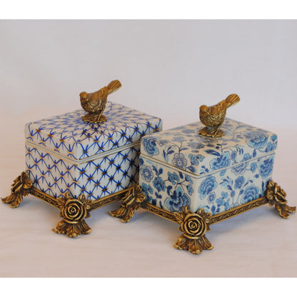 ボックス BOX 陶磁器 真鍮 小物入れ コットンパッドボックス 脚付き 雑貨 アンティーク調 蓋付ボックス アンティーク調 シノワズリー インテリア雑貨 1564045