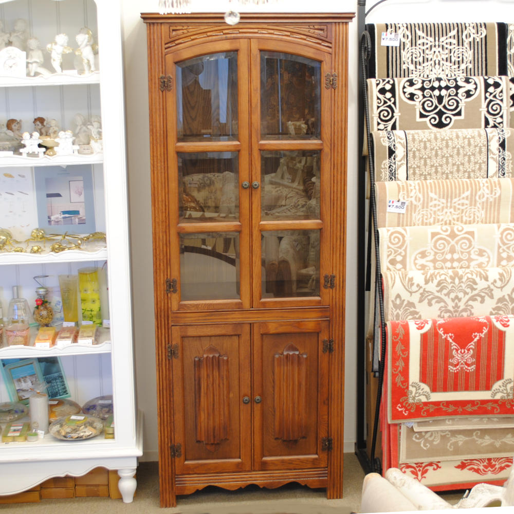 カップボード キャビネット ガラスドアキャビネット 食器棚 ブックケース 本棚 オーク材家具 オーク無垢材 アンティーク風家具 177006
