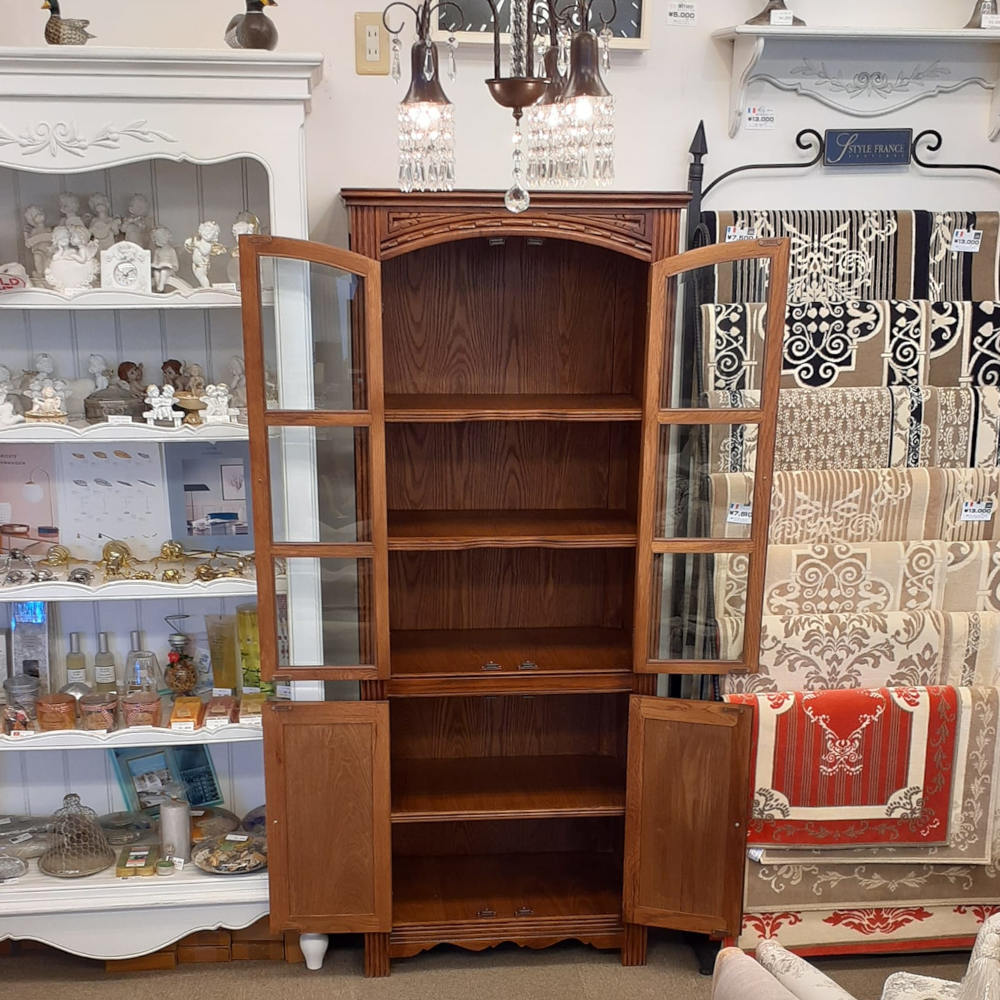 カップボード キャビネット ガラスドアキャビネット 食器棚 ブックケース 本棚 オーク材家具 オーク無垢材 アンティーク風家具 177006
