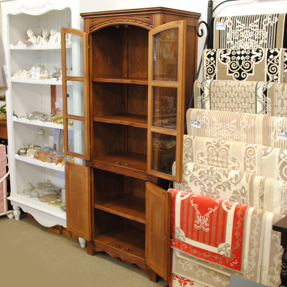 カップボード キャビネット ガラスドアキャビネット 食器棚 ブックケース 本棚 オーク材家具 オーク無垢材 アンティーク風家具 177006