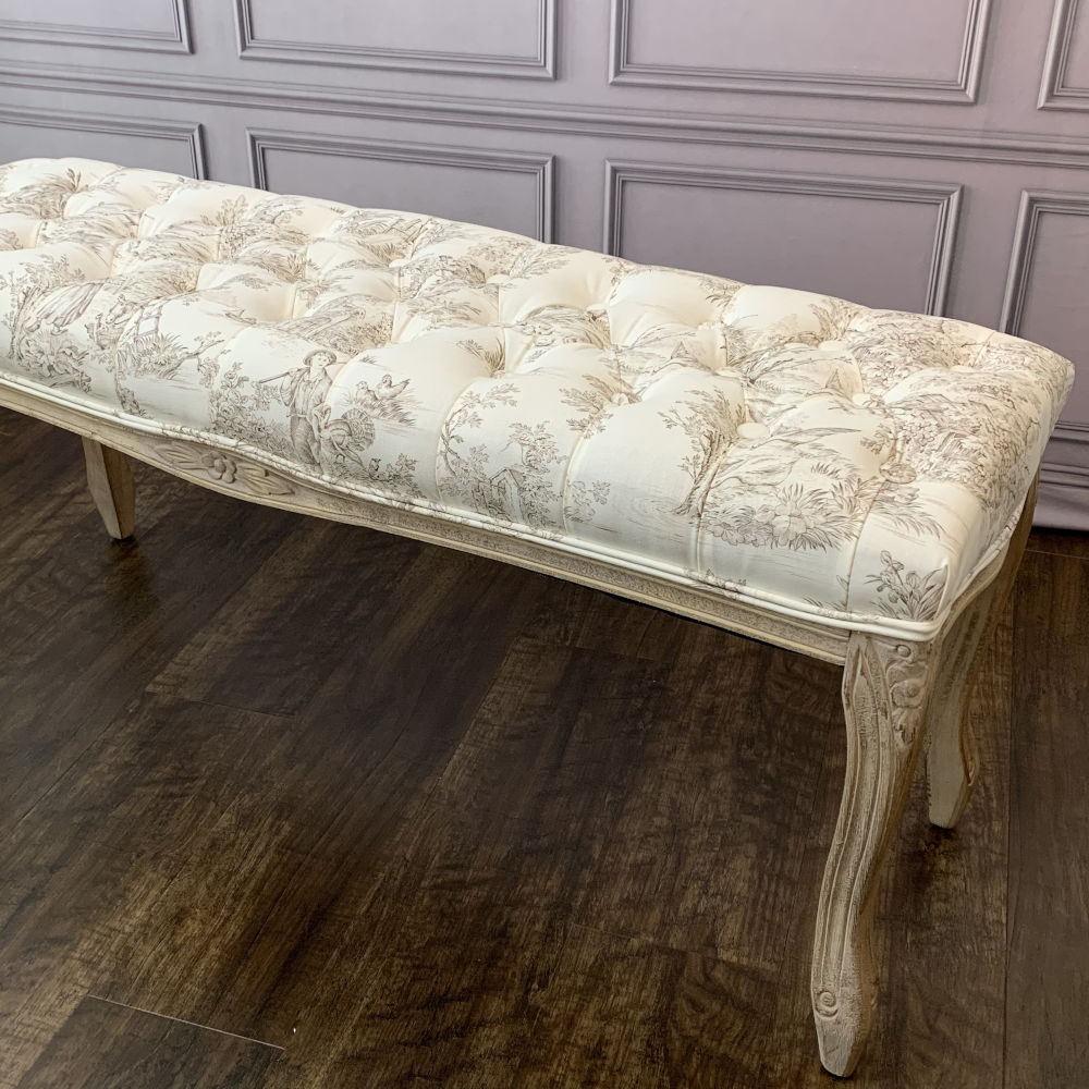 ベンチ フランス スツール トワルドジュイ フレンチインテリア 椅子 チェア オフホワイト ベージュ ソファ フランス製生地 送料無料 17701BH-JY02