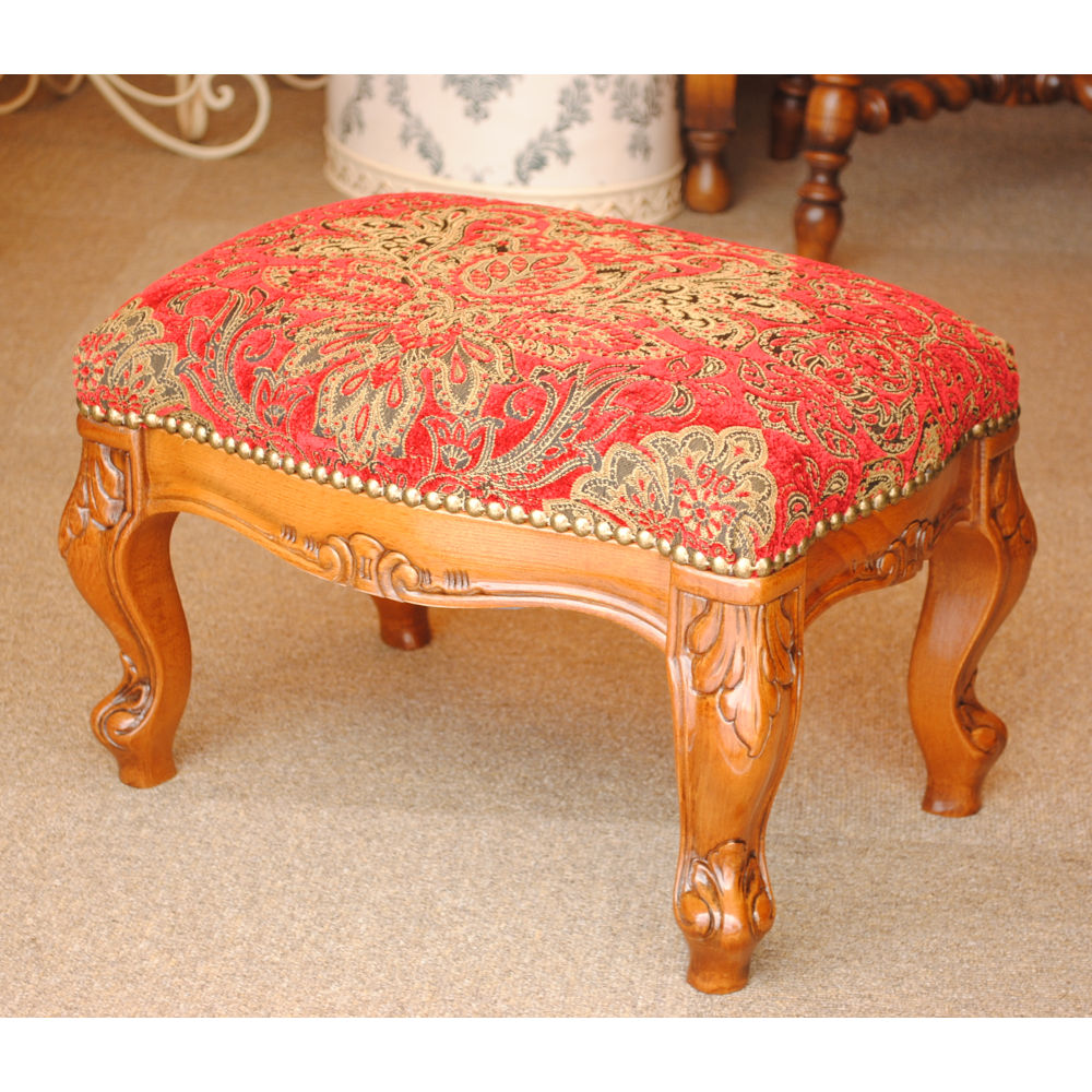 スツール フットスツール アンティーク調 長方形 赤 レッド おしゃれ ダマスク柄 ダマスクローズ ベルベット オットマン イタリア製 250443