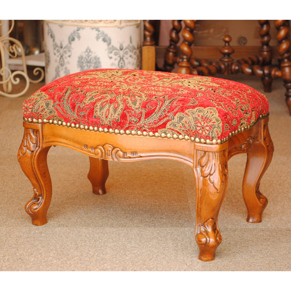スツール フットスツール アンティーク調 長方形 赤 レッド おしゃれ ダマスク柄 ダマスクローズ ベルベット オットマン イタリア製 250443