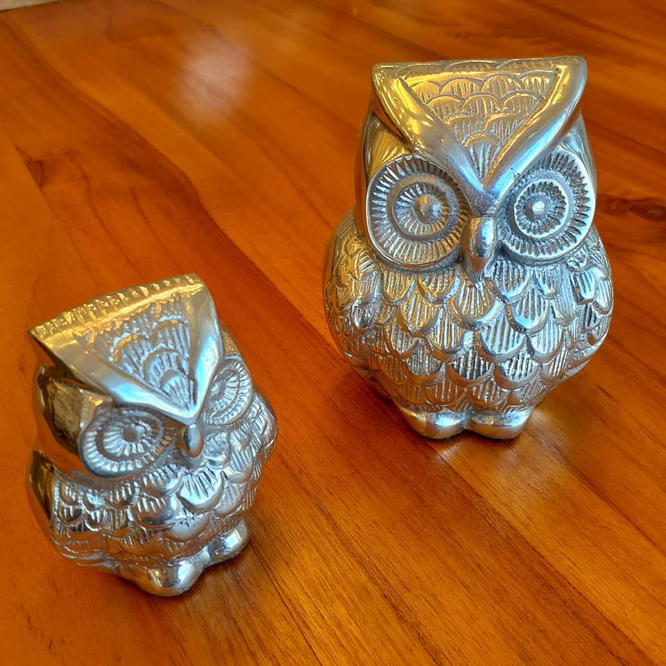 ふくろう 梟 フクロウ 2コセット 置き物 オブジェ メタルなフクロウの親子 インテリアオブジェ アニマルオブジェ 動物置物 メタルオブジェ アルミニウム 7333058