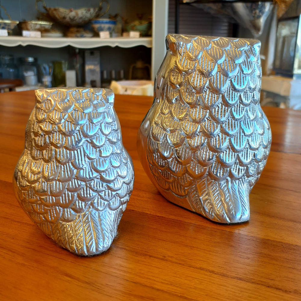 ふくろう 梟 フクロウ 2コセット 置き物 オブジェ メタルなフクロウの親子 インテリアオブジェ アニマルオブジェ 動物置物 メタルオブジェ アルミニウム 7333058