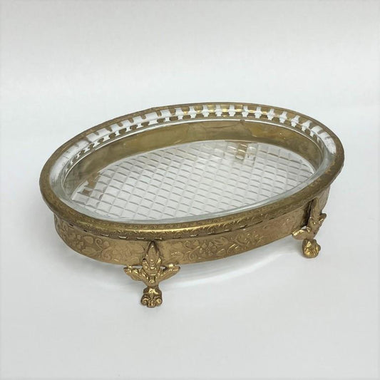 ソープディッシュ 石鹸置き グラスボウル 真鍮製 トレイ ガラストレイ 小物入れ アンティーク風ガラス器 真鍮雑貨 7347065