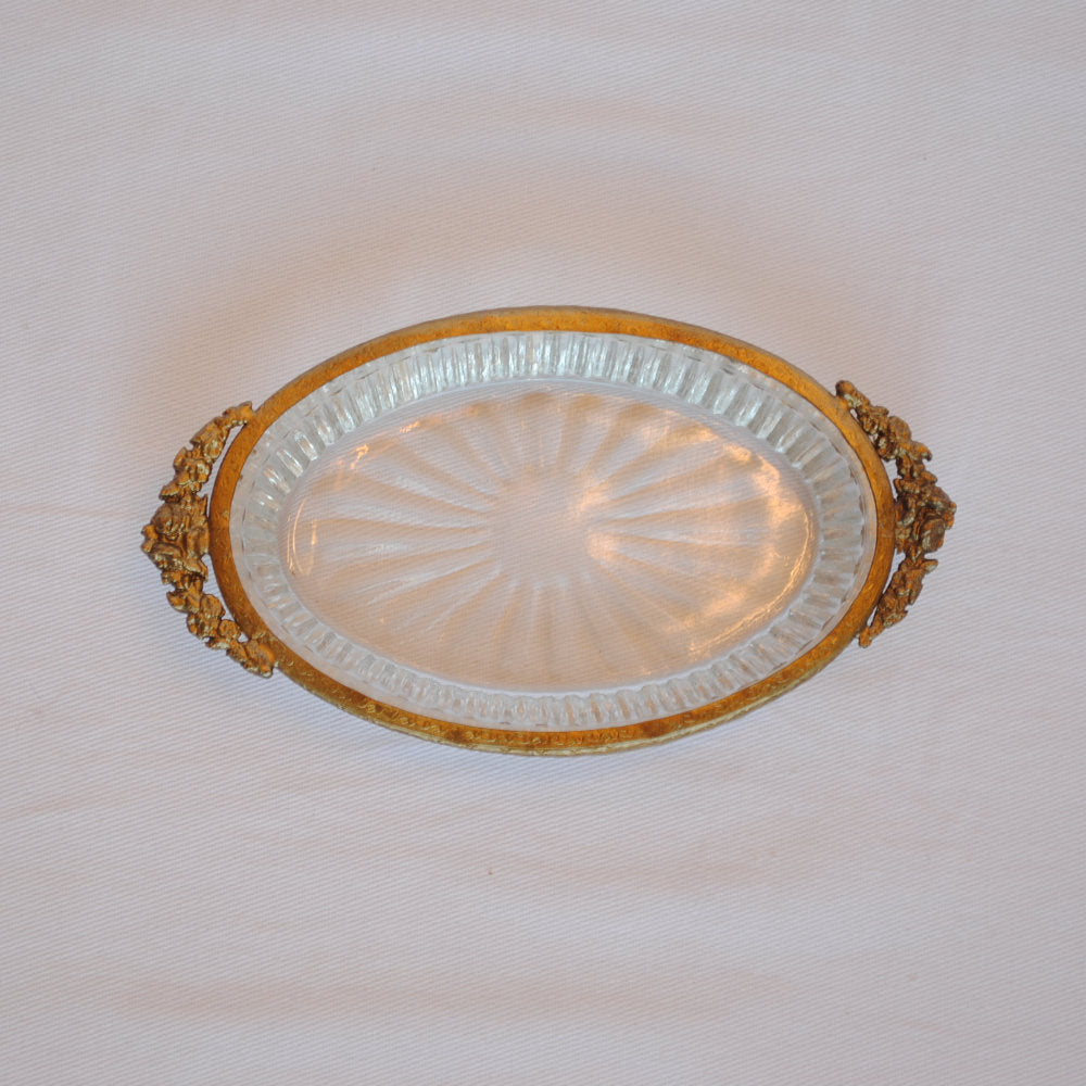 ガラストレイ オシャレ トレー 切子ガラス 真鍮 楕円 ディスプレイトレイ シャビーシック クラシック お盆 オーバル 金 ゴールド 7347067