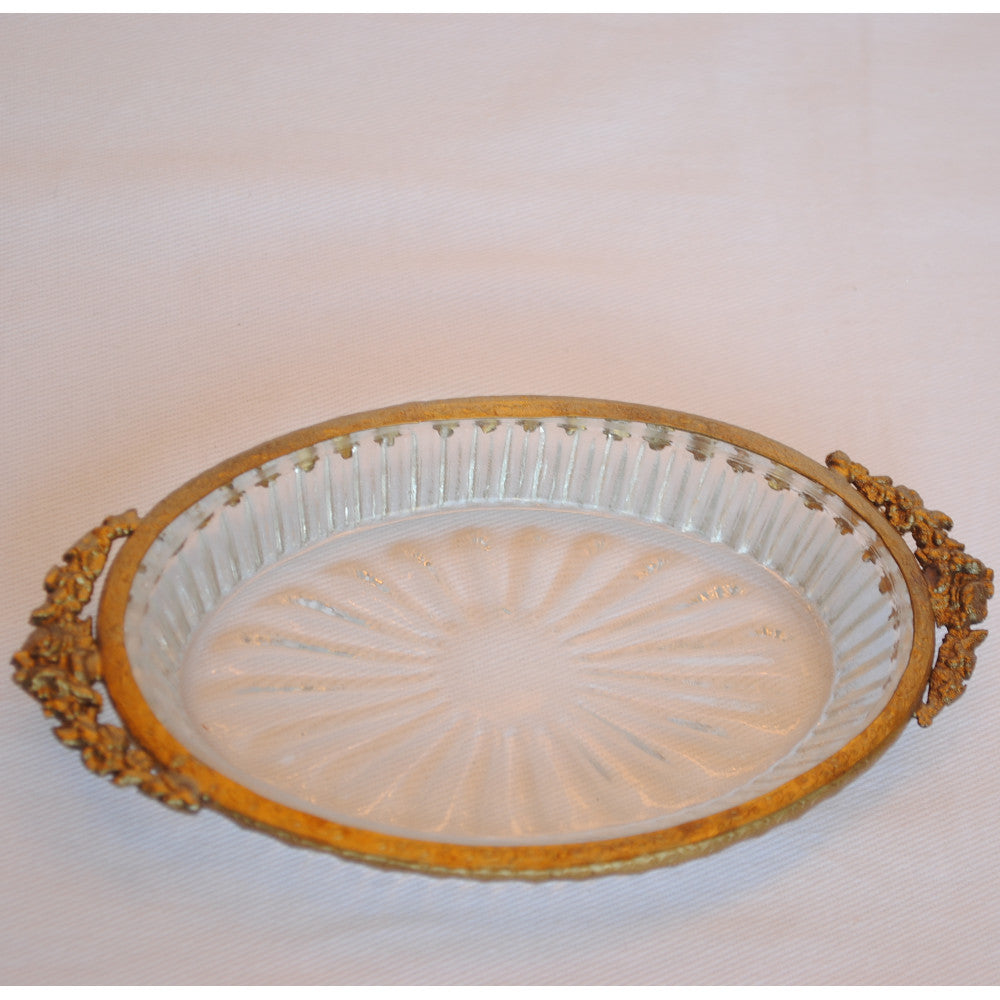 ガラストレイ オシャレ トレー 切子ガラス 真鍮 楕円 ディスプレイトレイ シャビーシック クラシック お盆 オーバル 金 ゴールド 7347067