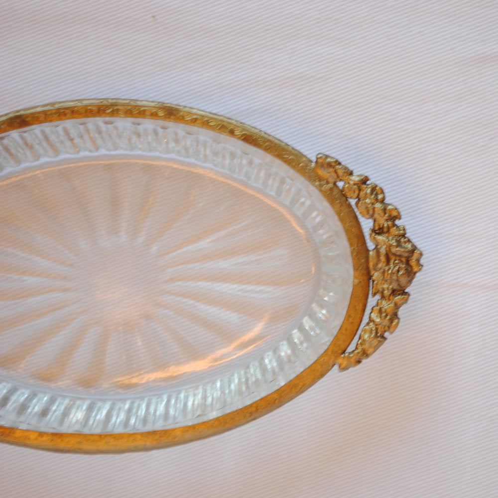 ガラストレイ オシャレ トレー 切子ガラス 真鍮 楕円 ディスプレイトレイ シャビーシック クラシック お盆 オーバル 金 ゴールド 7347067