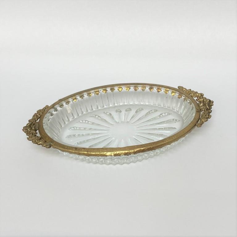 ガラストレイ オシャレ トレー 切子ガラス 真鍮 楕円 ディスプレイトレイ シャビーシック クラシック お盆 オーバル 金 ゴールド 7347067