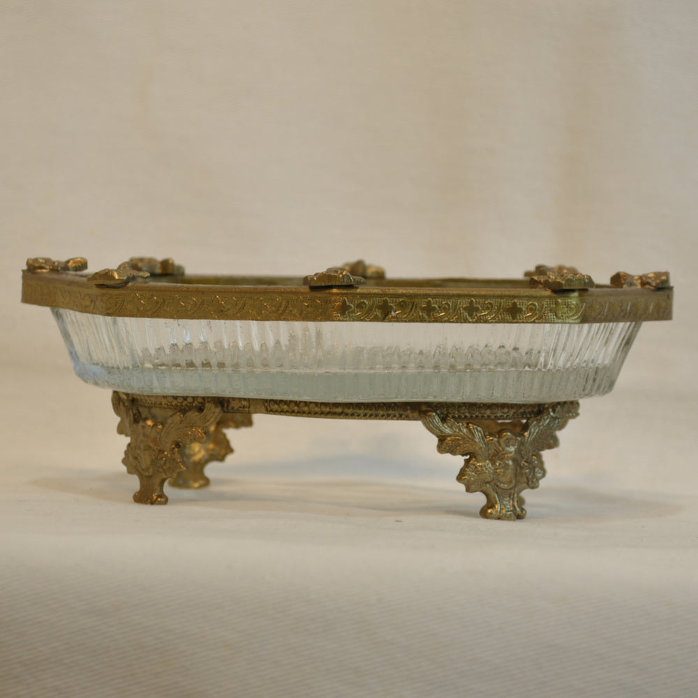 ソープディッシュ 石鹸置き グラスボウル 真鍮製 トレイ ガラストレイ 小物入れ アンティーク風ガラス器 真鍮雑貨 7347095