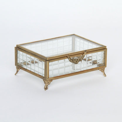 ボックス 蓋付小物入れ ガラスボックス 小物入れ 真鍮製 チェッカーガラスボックス ジュエリーケース アクセサリーボックス アンティーク風ガラス 7347098