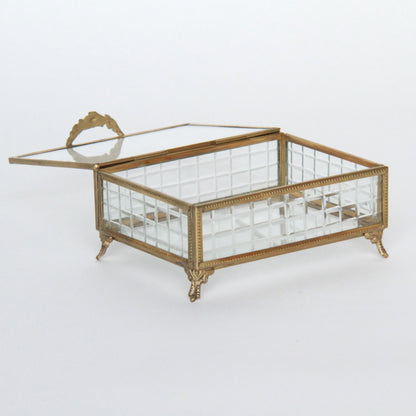 ボックス 蓋付小物入れ ガラスボックス 小物入れ 真鍮製 チェッカーガラスボックス ジュエリーケース アクセサリーボックス アンティーク風ガラス 7347098