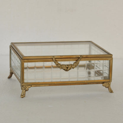 ボックス 蓋付小物入れ ガラスボックス 小物入れ 真鍮製 チェッカーガラスボックス ジュエリーケース アクセサリーボックス アンティーク風ガラス 7347098