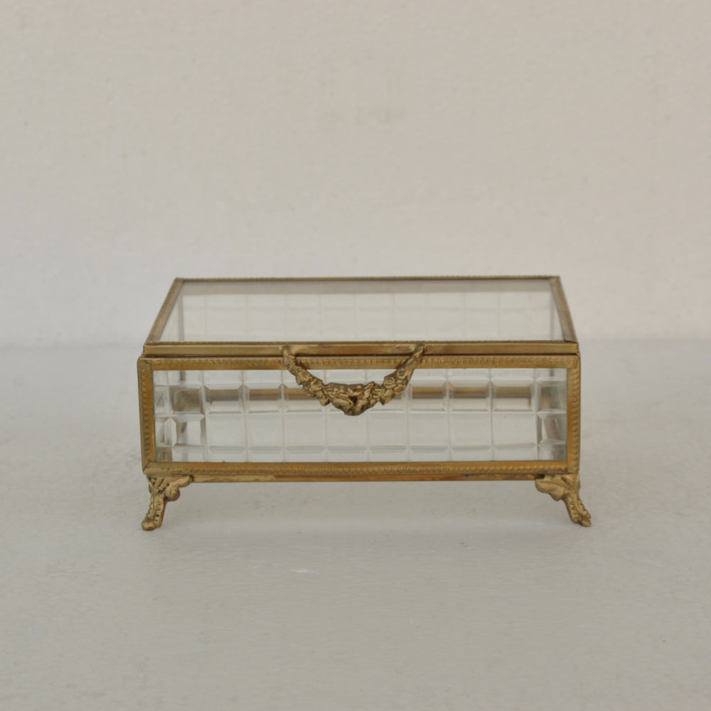 ボックス 蓋付小物入れ ガラスボックス 小物入れ 真鍮製 チェッカーガラスボックス ジュエリーケース アクセサリーボックス アンティーク風ガラス 7347098