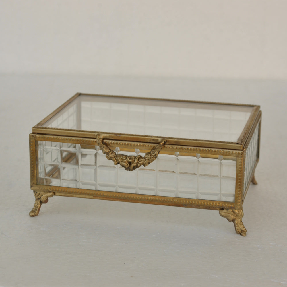 ボックス 蓋付小物入れ ガラスボックス 小物入れ 真鍮製 チェッカーガラスボックス ジュエリーケース アクセサリーボックス アンティーク風ガラス 7347098