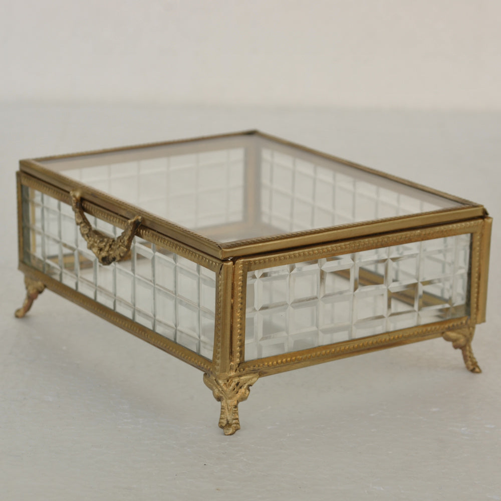 ボックス 蓋付小物入れ ガラスボックス 小物入れ 真鍮製 チェッカーガラスボックス ジュエリーケース アクセサリーボックス アンティーク風ガラス 7347098