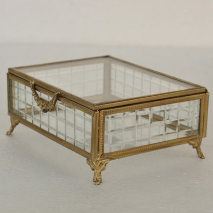 ボックス 蓋付小物入れ ガラスボックス 小物入れ 真鍮製 チェッカーガラスボックス ジュエリーケース アクセサリーボックス アンティーク風ガラス 7347098