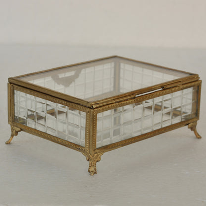 ボックス 蓋付小物入れ ガラスボックス 小物入れ 真鍮製 チェッカーガラスボックス ジュエリーケース アクセサリーボックス アンティーク風ガラス 7347098