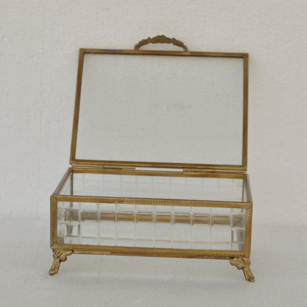 ボックス 蓋付小物入れ ガラスボックス 小物入れ 真鍮製 チェッカーガラスボックス ジュエリーケース アクセサリーボックス アンティーク風ガラス 7347098