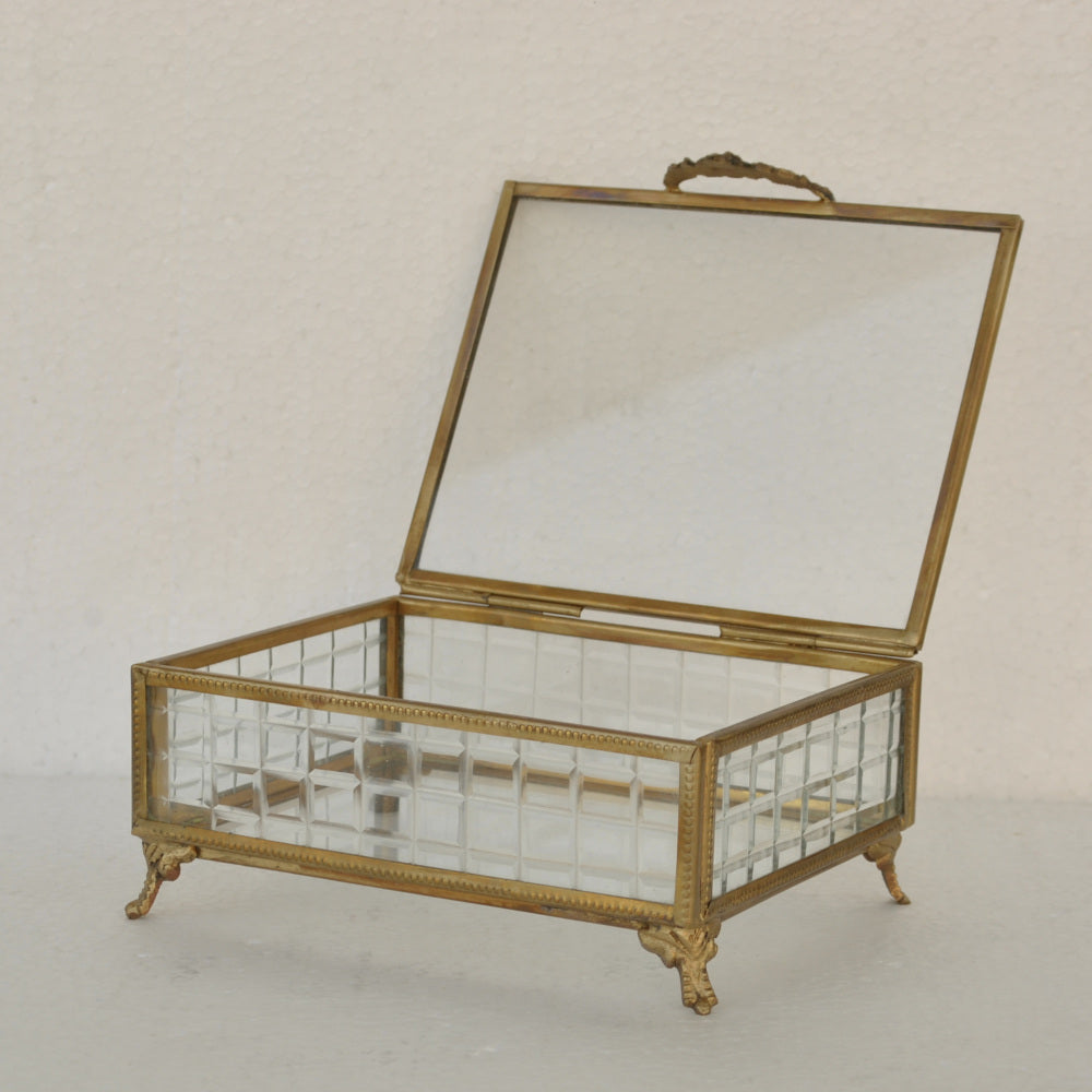 ボックス 蓋付小物入れ ガラスボックス 小物入れ 真鍮製 チェッカーガラスボックス ジュエリーケース アクセサリーボックス アンティーク風ガラス 7347098