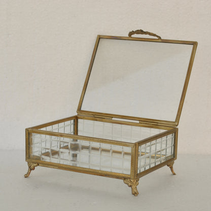 ボックス 蓋付小物入れ ガラスボックス 小物入れ 真鍮製 チェッカーガラスボックス ジュエリーケース アクセサリーボックス アンティーク風ガラス 7347098