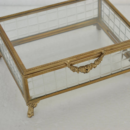 ボックス 蓋付小物入れ ガラスボックス 小物入れ 真鍮製 チェッカーガラスボックス ジュエリーケース アクセサリーボックス アンティーク風ガラス 7347098