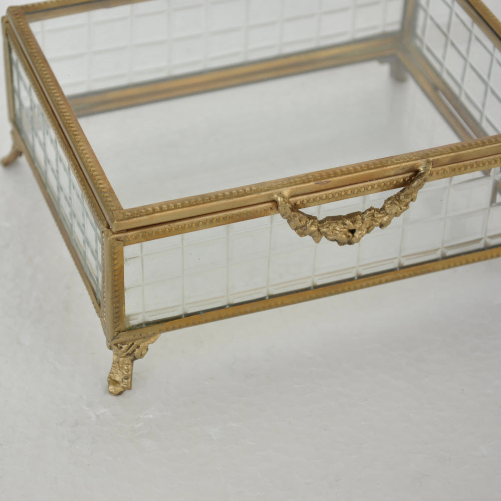 ボックス 蓋付小物入れ ガラスボックス 小物入れ 真鍮製 チェッカーガラスボックス ジュエリーケース アクセサリーボックス アンティーク風ガラス 7347098