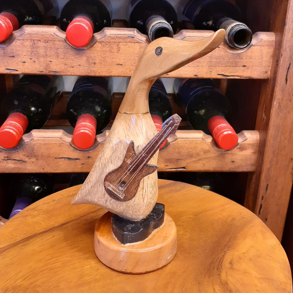 ダック 流しダック カービング ギターを持ったアヒル オブジェ デコイ バンブー彫り 置物 雑貨 インテリア雑貨 7386001