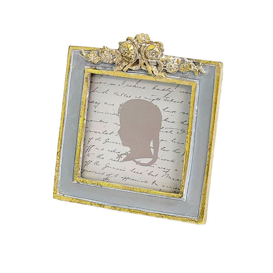 フォトフレーム バラ写真立て スクエアフォトフレーム アンティーク風 バラ写真額 写真立て グレーにゴールドフォトフレーム アンティーク調 77168pf