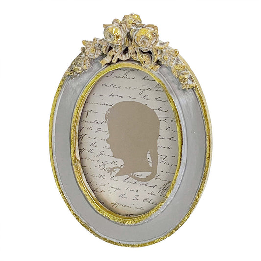 フォトフレーム バラ写真立て オーバルフォトフレーム アンティーク風 バラ写真額 写真立て グレーにゴールドフォトフレーム アンティーク調 77170pf