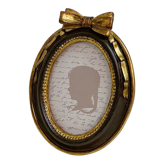 フォトフレーム リボン写真立て 縦楕円形写真額 オーバルフォトフレーム アンティーク風 リボン写真額 写真立て ブラックにゴールド アンティーク調 77176pf-bk