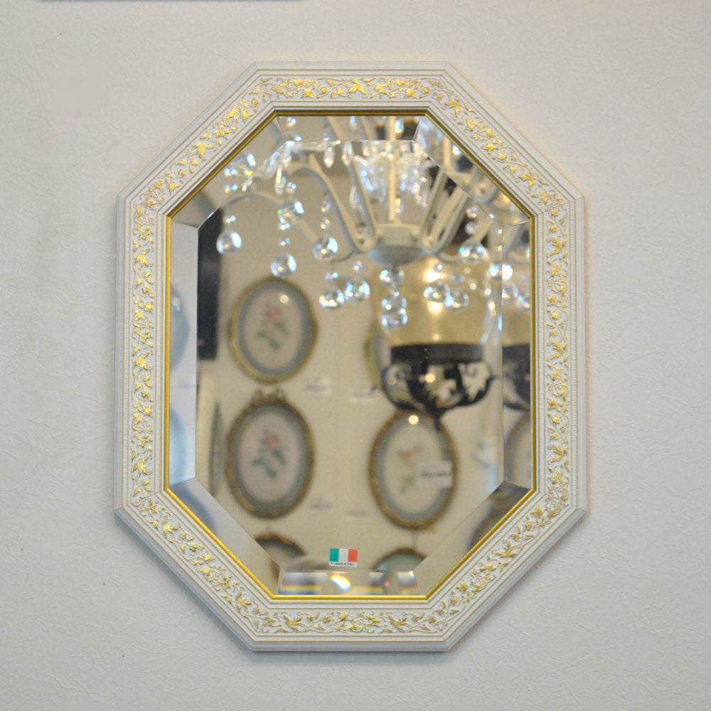 ウォールミラー おしゃれ 鏡 壁掛け 八角形 隅切り 木製 ミラー OT 白 ホワイト ゴールド アンティーク イタリア製 ベルトーチ BERTOZZI 808839