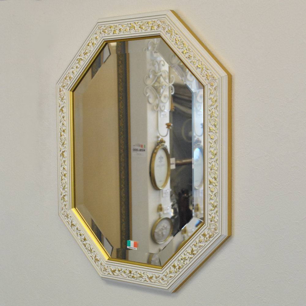 ウォールミラー おしゃれ 鏡 壁掛け 八角形 隅切り 木製 ミラー OT 白 ホワイト ゴールド アンティーク イタリア製 ベルトーチ BERTOZZI 808839