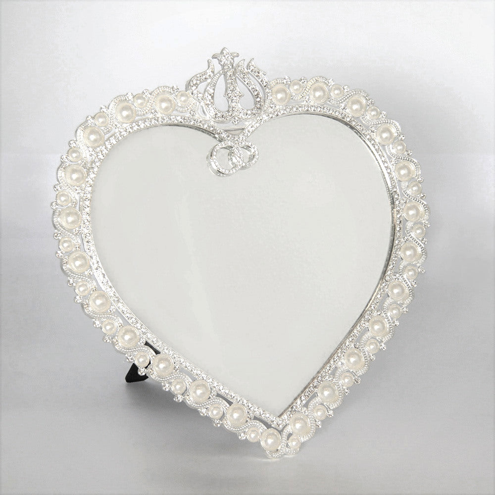 鏡 卓上ミラー 置き鏡 壁掛け卓上両用ミラー ハート型鏡 おしゃれ 壁掛け鏡 スタンドミラー ハート ウォールミラー パール 真珠 ラインストーン シルバー 822003