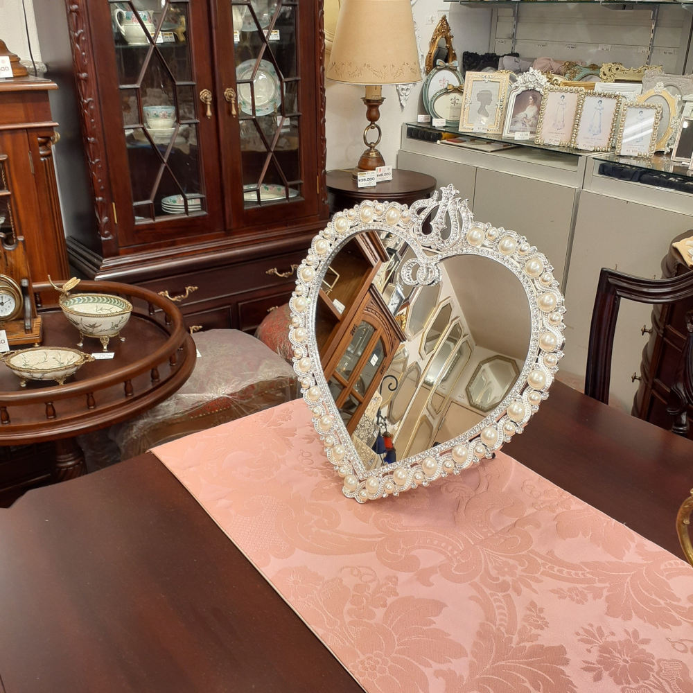 鏡 卓上ミラー 置き鏡 壁掛け卓上両用ミラー ハート型鏡 おしゃれ 壁掛け鏡 スタンドミラー ハート ウォールミラー パール 真珠 ラインストーン シルバー 822003