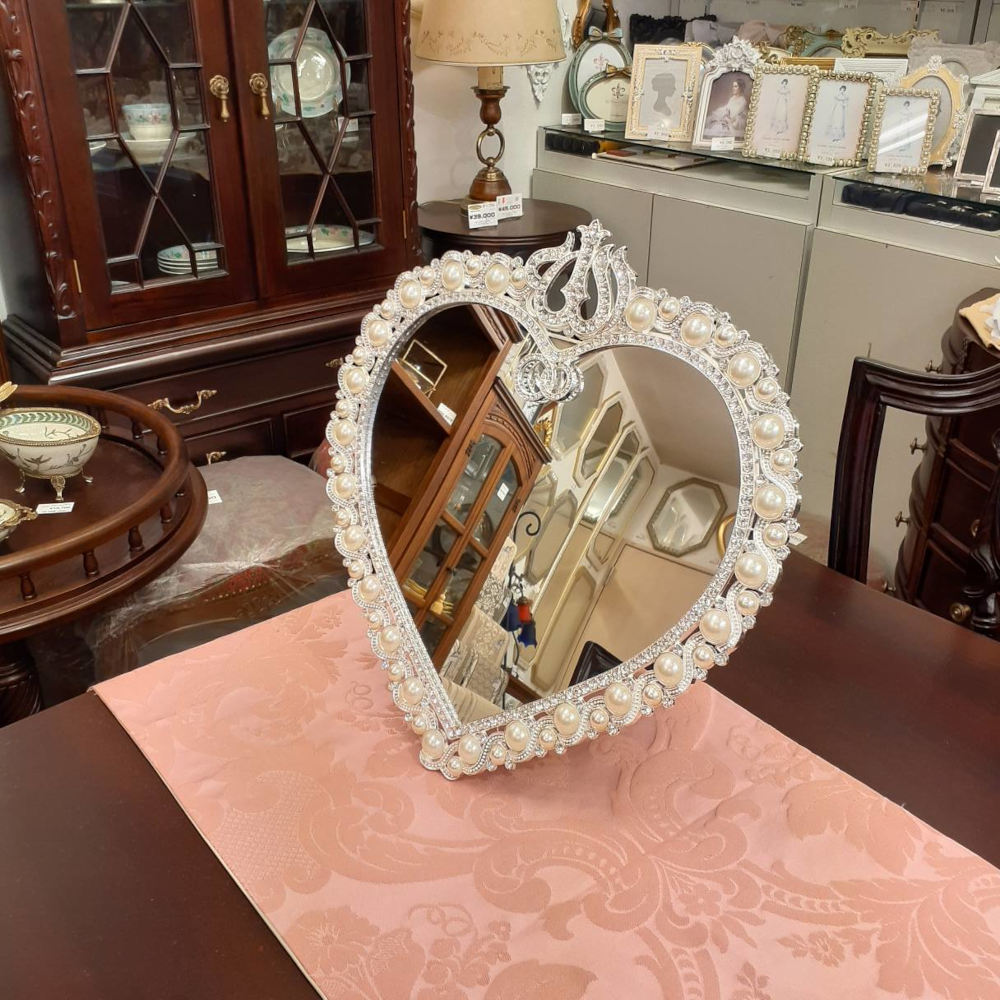鏡 卓上ミラー 置き鏡 壁掛け卓上両用ミラー ハート型鏡 おしゃれ 壁掛け鏡 スタンドミラー ハート ウォールミラー パール 真珠 ラインストーン シルバー 822003
