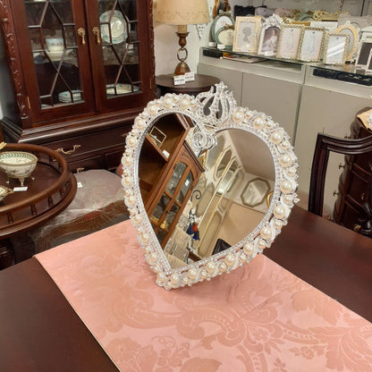 鏡 卓上ミラー 置き鏡 壁掛け卓上両用ミラー ハート型鏡 おしゃれ 壁掛け鏡 スタンドミラー ハート ウォールミラー パール 真珠 ラインストーン シルバー 822003