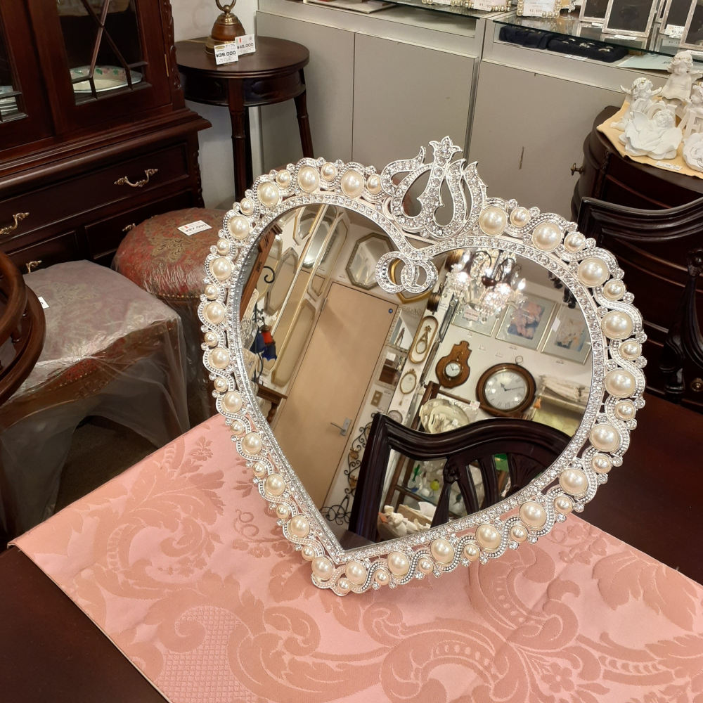 鏡 卓上ミラー 置き鏡 壁掛け卓上両用ミラー ハート型鏡 おしゃれ 壁掛け鏡 スタンドミラー ハート ウォールミラー パール 真珠 ラインストーン シルバー 822003