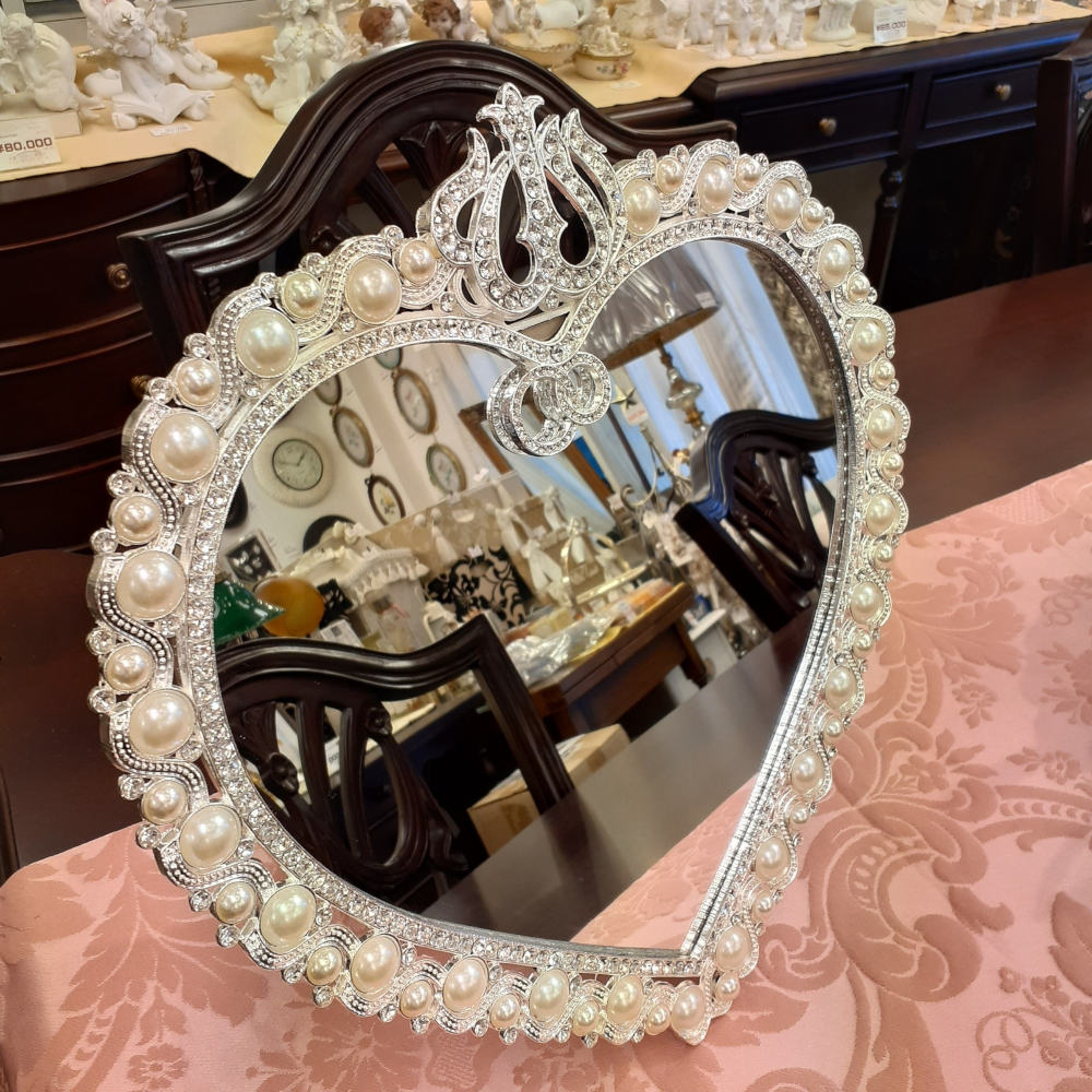 鏡 卓上ミラー 置き鏡 壁掛け卓上両用ミラー ハート型鏡 おしゃれ 壁掛け鏡 スタンドミラー ハート ウォールミラー パール 真珠 ラインストーン シルバー 822003